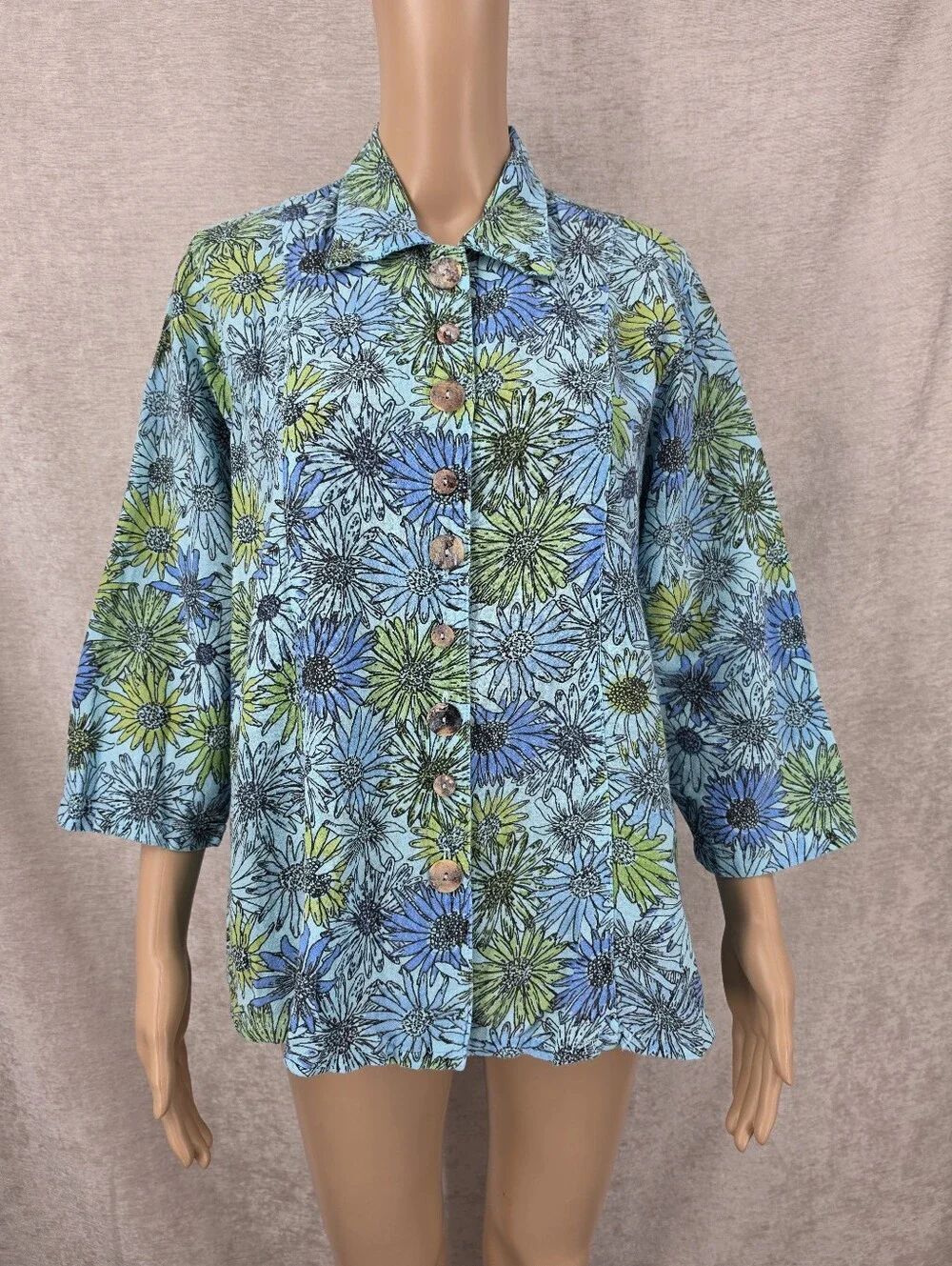 Color Me Cotton Blue Sunflower Print Button Up Trapezoid Top Lightweight Jacket